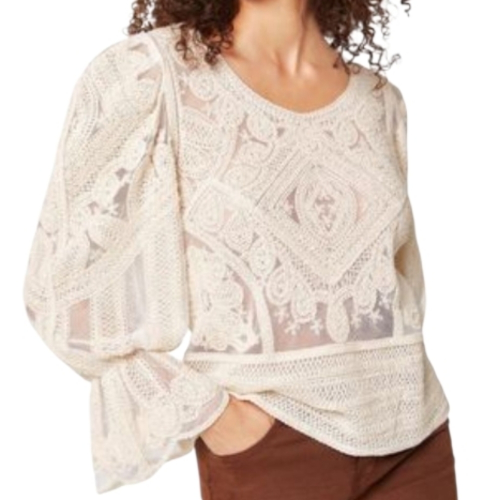 Ultra Pink Cream Lace Embroidered Lantern Long Sleeve Scoop Neck Top Size XL NEW
